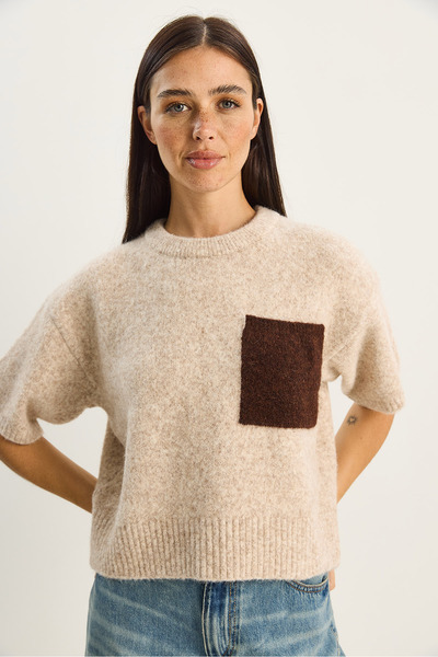 Bianco Lucci Pulover tricotat cu mânecă scurtă, cu buzunare, pentru femei, 2551 60283758