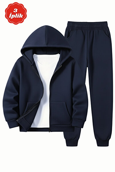FYK KİDS 3 İplik Winter Ş Fleece-Lined Plain Unprinted Zippered K Hooded Boys' Tracksuit Set