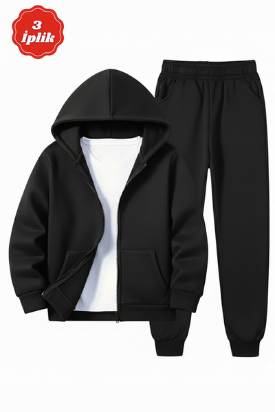 FYK KİDS Σετ αθλητικής φόρμας για αγόρια 3 İplik Winter Ş επένδυση fleece Απλό χωρίς στάμπα με φερμουάρ K με κουκούλα