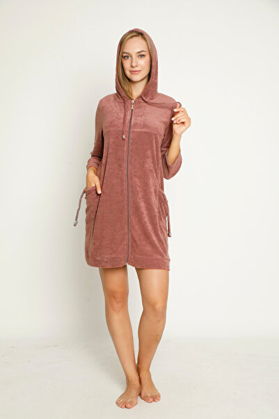 İntensive Hooded Long Sleeve Pocket Zippered Cotton Velvet Dress
