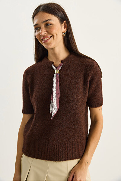 Bianco Lucci Women's Crew Neck Scarf Detailed Short Sleeve Knitwear Sweater 2536 60283756