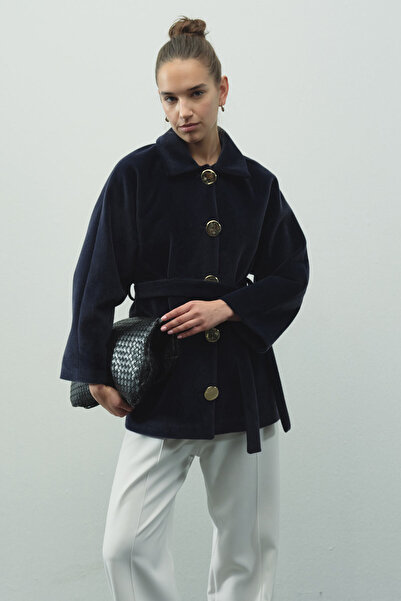 Hooopstore Milena Gold Buttoned Navy Blue Jacket Coat