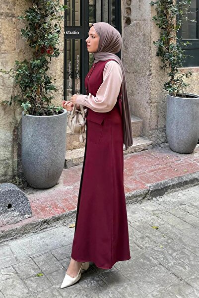 lamelif Button Detailed Dress Burgundy