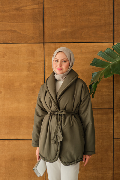 LOCCO Γυναικείο πουπουλένιο παλτό με ζώνη χακί πράσινο