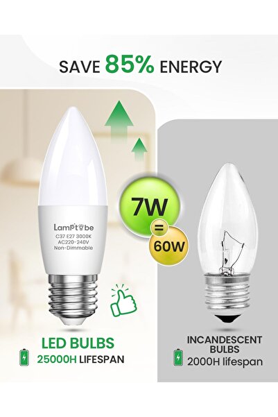 Generic Lamptobe E27 Edison Screw LED Candle Bulb C37 7W (60W Equivalent) Warm White 3000K, Non-Dimmable, Pa