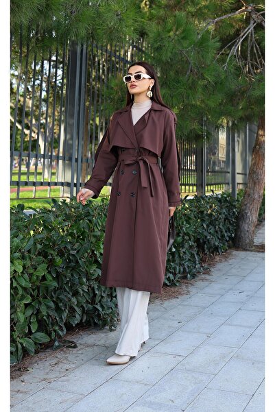 Dadali Double-Breasted Trench Coat with Collar Sleeves and Belt Detail Brown