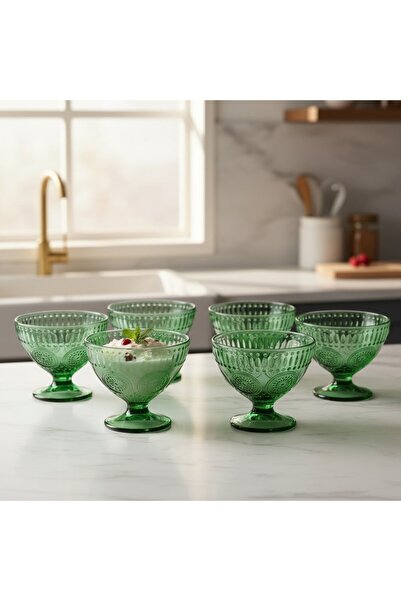 FAIR HOME Sun Pattern Green Ice Cream – Dessert – Cookie Glass Bowl Set – 6 X 260 ml