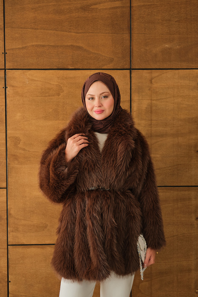 LOCCO Γυναικείο παλτό με λεπτομέρεια από γούνα καφέ