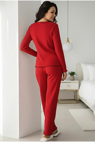 Siyah İnci kırmızı Fırçalı Yumuşak Dokulu Fitilli Kaşkorse Örme Düğmeli Hırka Pijama Takım 7962