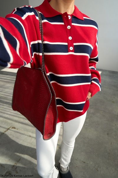 BZ BUTİK Red Navy Blue Polo Neck Striped Knit Sweater