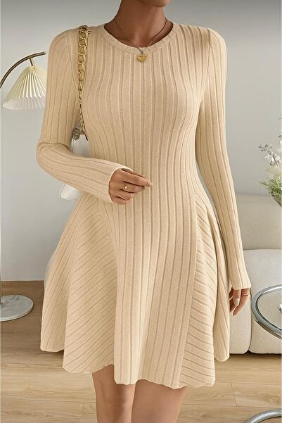 Maly Love Women's Beige Corded Fabric Round Neck Long Sleeve Knitwear Dress