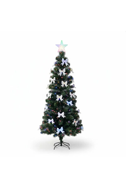 PROCART Artificial tree with fiber optics and ribbons, 180 cm, star, multicolor lights, metal stand