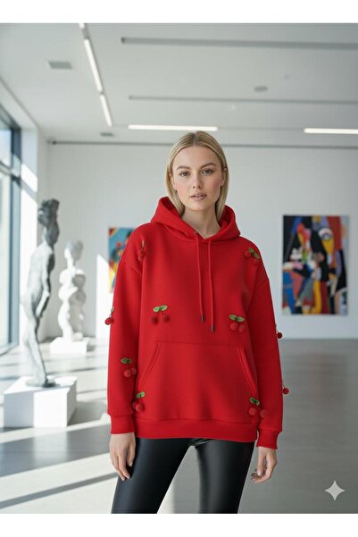 RPT MODA Thick Fabric Sweatshirt with Cherry Accessories and K Hooded Kangaroo Pocket