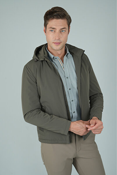 Bisse Deri Detaylı Regular Fit Erkek Haki Mont