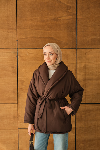 LOCCO Γυναικείο πουπουλένιο παλτό με ζώνη καφέ