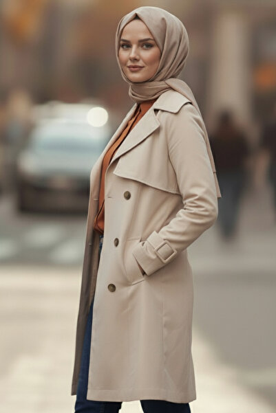 Zeneva Collection Taş Renk %100 Pamuk Gabardin Midi (95 cm) Astarlı Kemerli Kadın Tesettür Trençkot