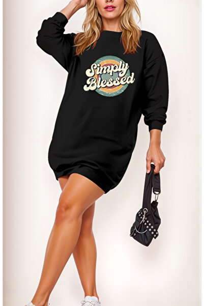 buğrahayalin Women's Long Sleeve Crew Neck Lettered Viscose Two Thread Dress