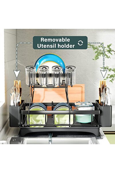 OEM SAYZH Dish Drainer, 2 Levels, 44.5 x 12.5 x 32.5 cm, Carbon Steel, Automatic Drain Tray, Black