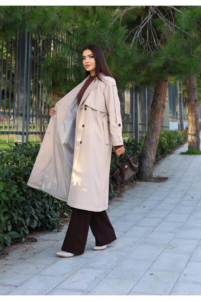 Dadali Double-Breasted Trench Coat with Collar Sleeves and Belt Detail Beige
