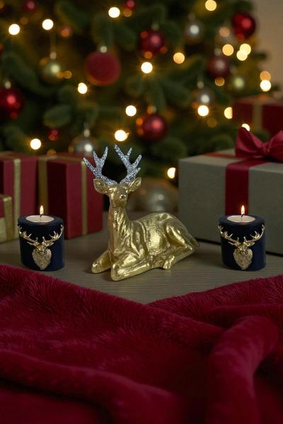 ay hediyelik Yılbaşı Geyik Mumluk Seti - Dekoratif Polyester 17x16 cm