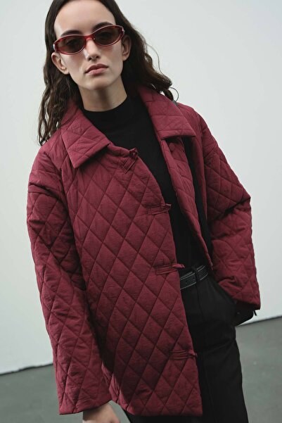 Hooopstore Καπιτονέ μπορντό παλτό με κουμπιά