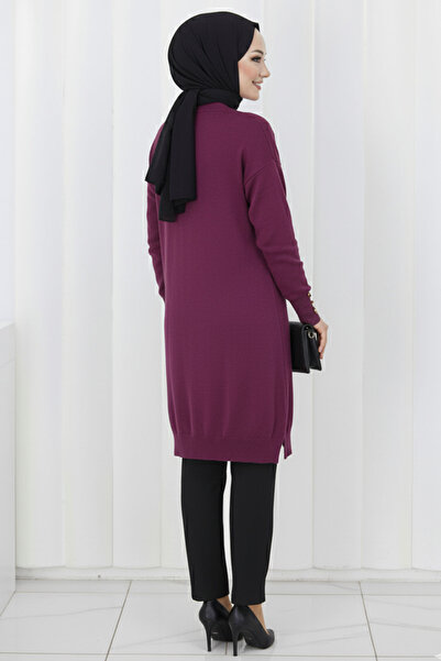 benguen Patterned Long Mercerized Cardigan N3198 Fuchsia