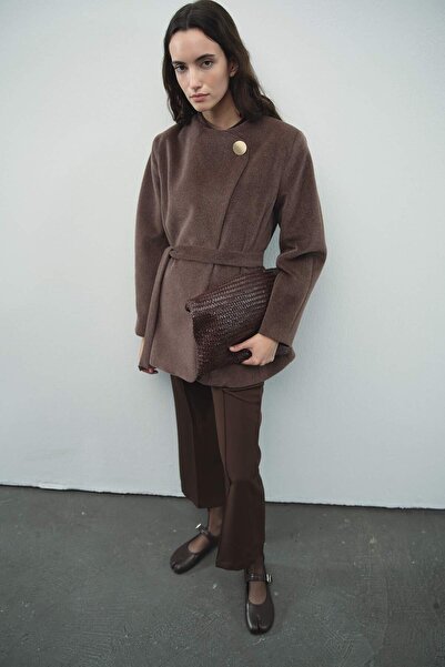 Hooopstore Premium Asymmetrical Collar Short Brown Coat