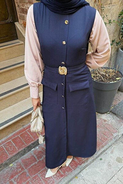 lamelif Φόρεμα με λεπτομέρεια με κουμπιά σε μπλε ναυτικό