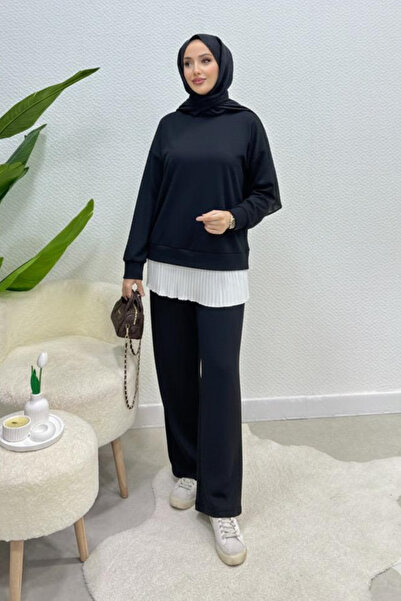Tesettür Diyarı Set de îmbrăcăminte islamică cu pliuri albe sub tunică - Negru