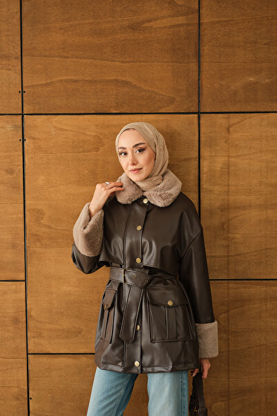 LOCCO Дамско кафяво кожено яке с кожена яка и маншети