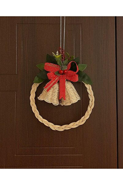 Avsar Home&Decor El Yapımı Doğal Hasır Yılbaşı Kapı Süsü – Kırmızı Kurdeleli Dekoratif Çelenk-25 cm