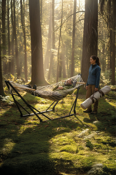 METATEK Katlanabilir Metal Ayaklı Taşınabilir Hamak Seti – 3 Kademe Ayarlı, File Örgü, Taşıma Çantalı