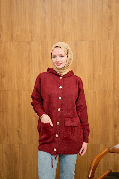 LOCCO Women's Hooded Knitwear Cardigan Claret Red