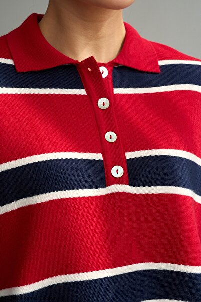 studio fashion 1988 Women's Red Premium Striped Polo Neck Knitwear Sweater