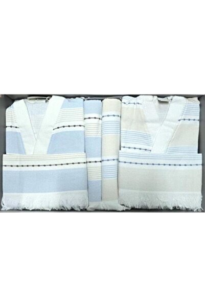 Özdilek Textura Peshtamal Blue White Family Set Kimono Bathrobe