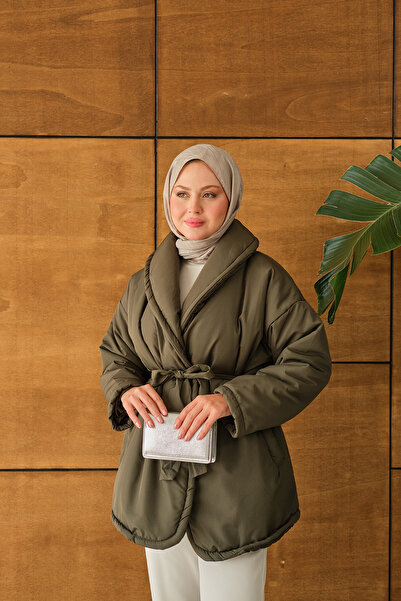 LOCCO Γυναικείο πουπουλένιο παλτό με ζώνη χακί πράσινο