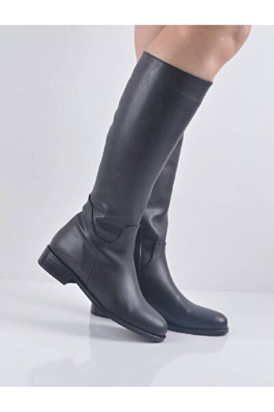 Şanslı Ayakkabıcılık Black Leather Flat Heel Long Boots