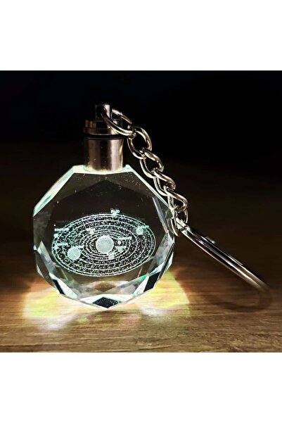 SAZAK AKSESUAR سلسلة مفاتيح من الزجاج الكريستالي على شكل كوكب مع ضوء LED متغير اللون، سلسلة مفاتيح ذات طابع الفلك والكون والفضاء