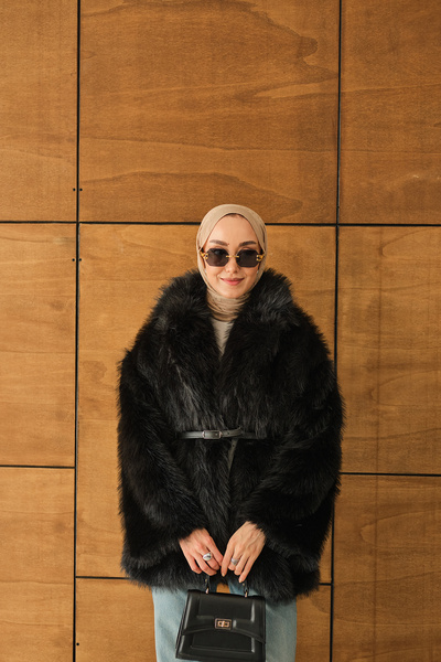 LOCCO Γυναικείο παλτό με λεπτομέρεια από γούνα με ζώνη μαύρο