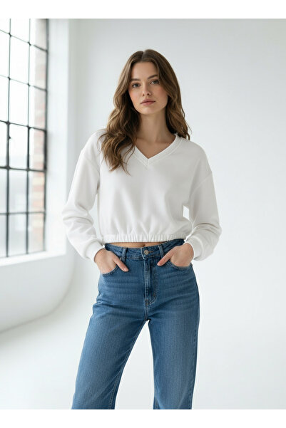 LYVEAN Three Thread Ş Fleece-Lined V-Neck Combed Cotton Crop