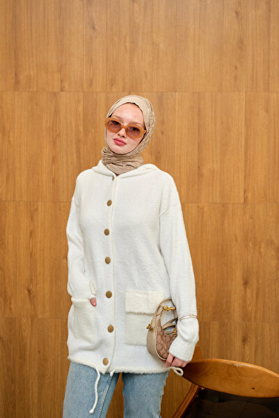 LOCCO Γυναικεία πλεκτά με κουκούλα Ζακέτα Λευκή