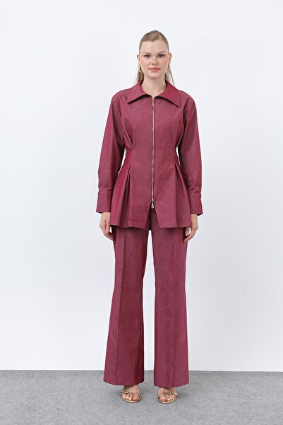 Loreen Women's Gold Zipper Detailed Waist Pleated Shirt and Pants Set -20651Tks - Burgundy