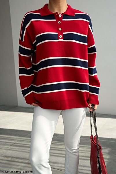 BZ BUTİK Red Navy Blue Polo Neck Striped Knit Sweater