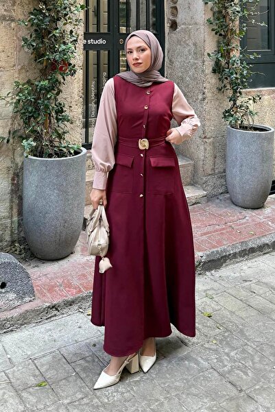 lamelif Button Detailed Dress Burgundy