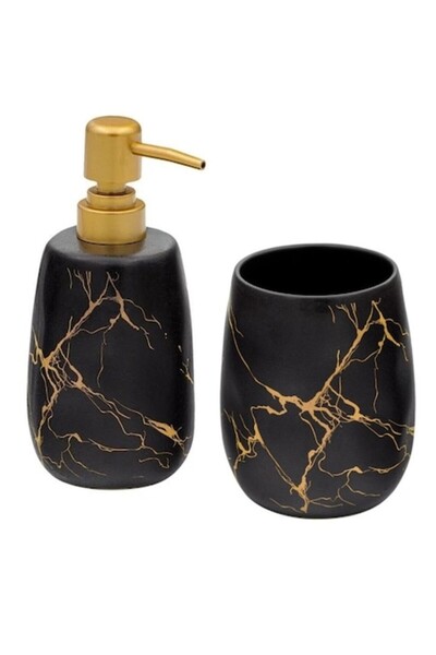 AB HOMES Set accesorii baie, 2 buc, ceramică neagră cu model marmorat auriu – Dozator săpun lichid