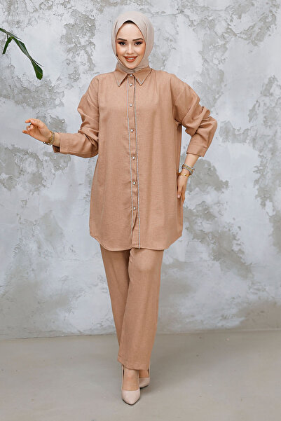 N.S NEVA STYLE Buttoned Camel Hijab Double Set 28141C