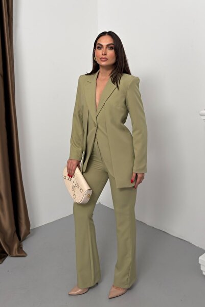 spirituel Women's Two-Piece Top and Bottom Set Stylish Double-Layer Buttoned Blazer Jacket Wide-Leg Pants Set