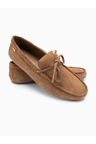 OMBRE Pánské kožené mokasíny s tkaničkami a podrážkou driver - hnědé V3 OM-FOCS-0150