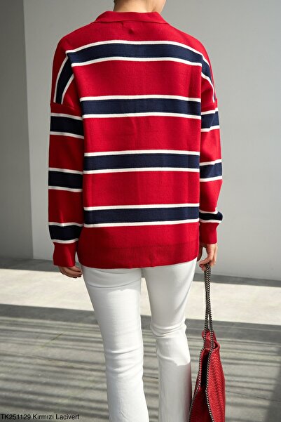 studio fashion 1988 Women's Red Premium Striped Polo Neck Knitwear Sweater