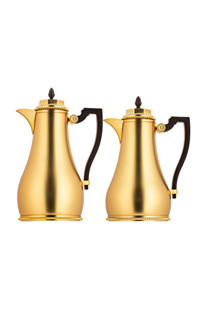 ALSAIF Shadan Coffee and Tea Thermos Set, 2 Pieces, Al Saif, Elegant Design to Suit All Tastes - Matte Gold Wood Finish - 1.0/0.75 Liter